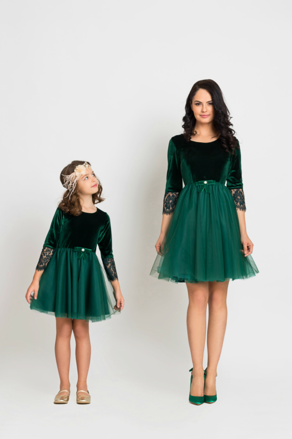 Mother Daughter Matching Velvet Green Dresses - Hira Design